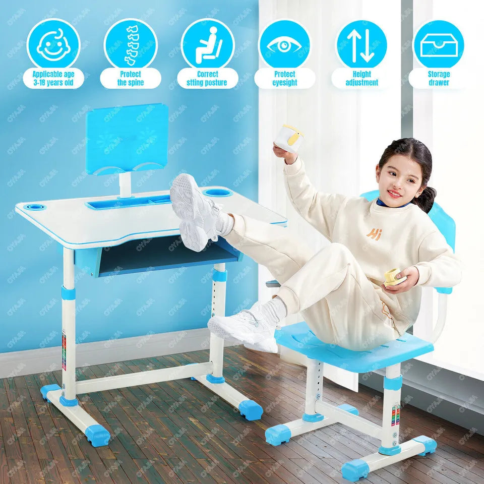 Kids Height Adjustable Children Study Table & Chair Reading Writing Desk Set