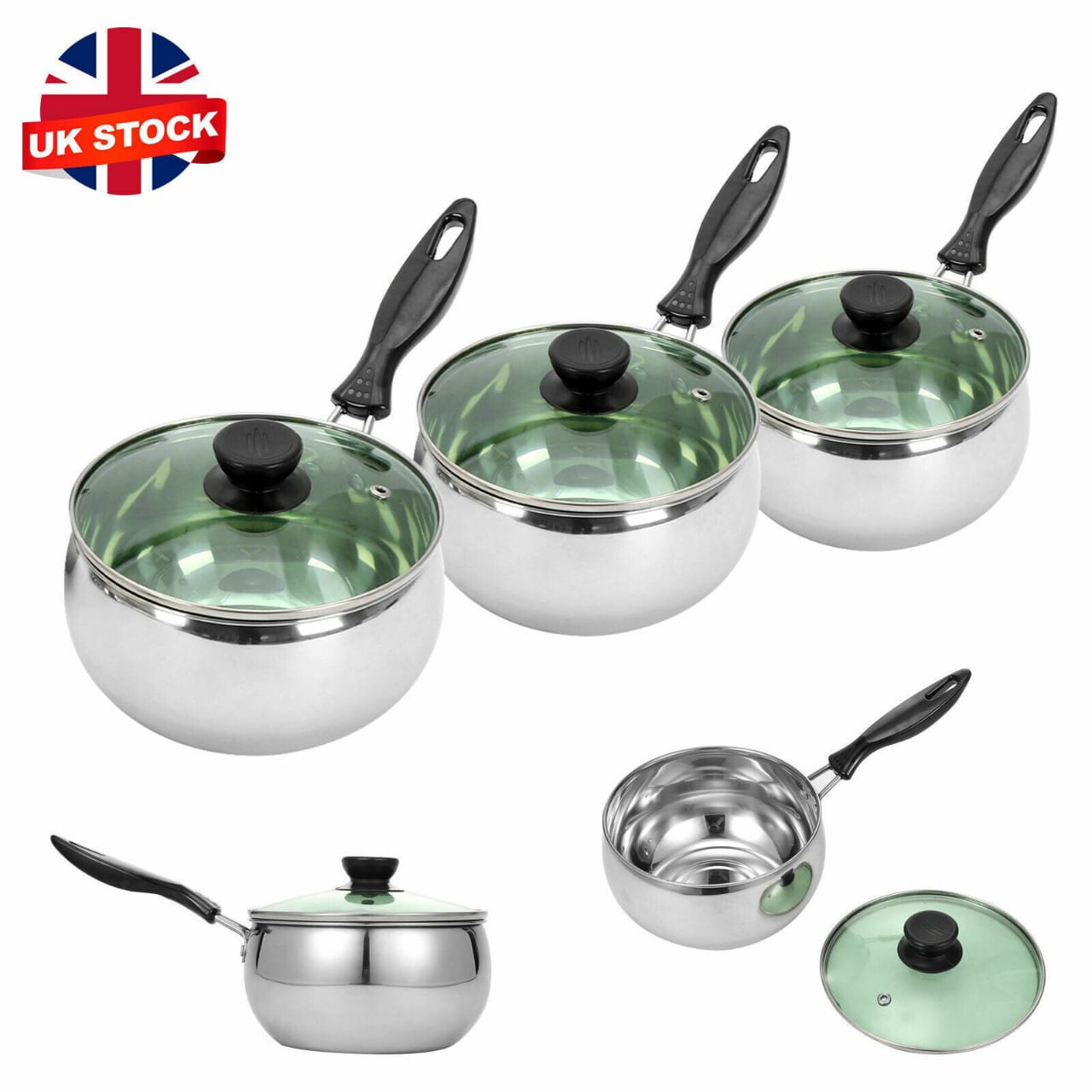 3Pcs Stainless Steel Deep Induction Non Stick Saucepans Cookware Pan Set lid