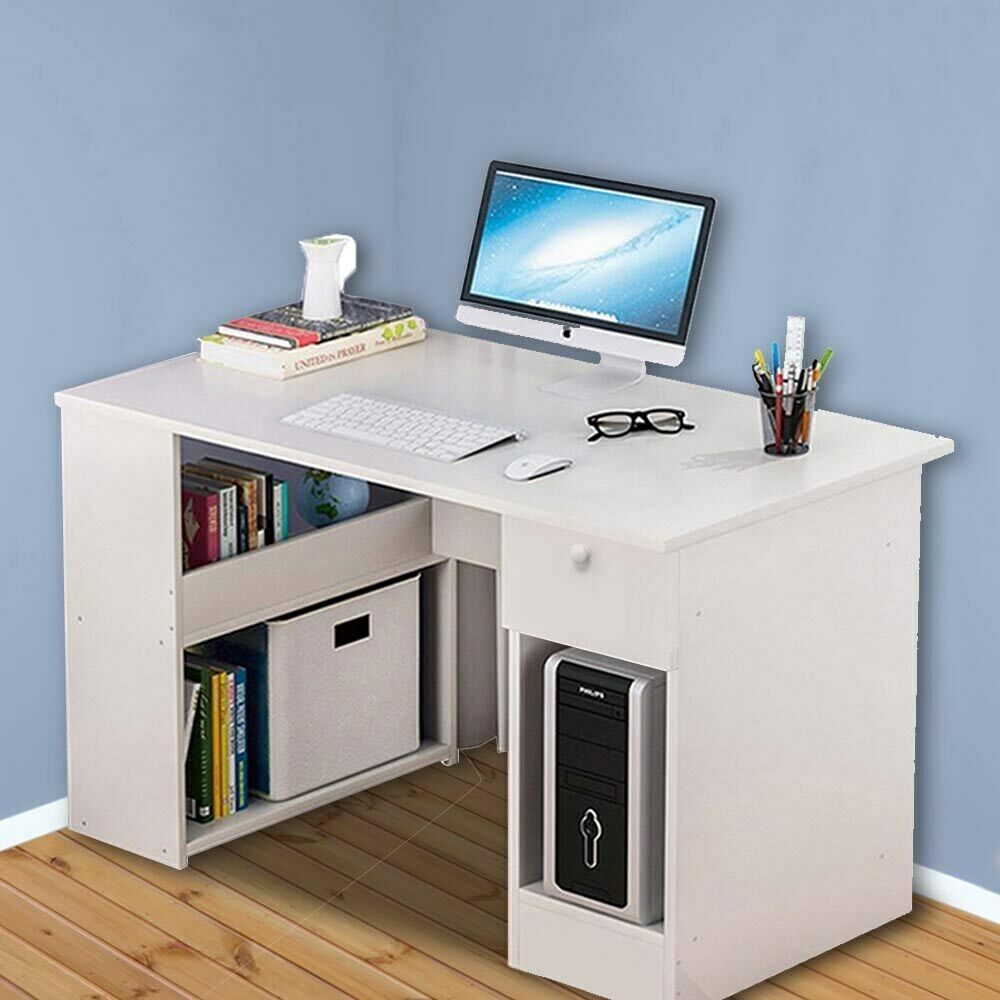 CORNER COMPUTER DESK H SHAPED PC LAPTOP GAMING TABLE W/ BOOK SHELVES BOOKCASE