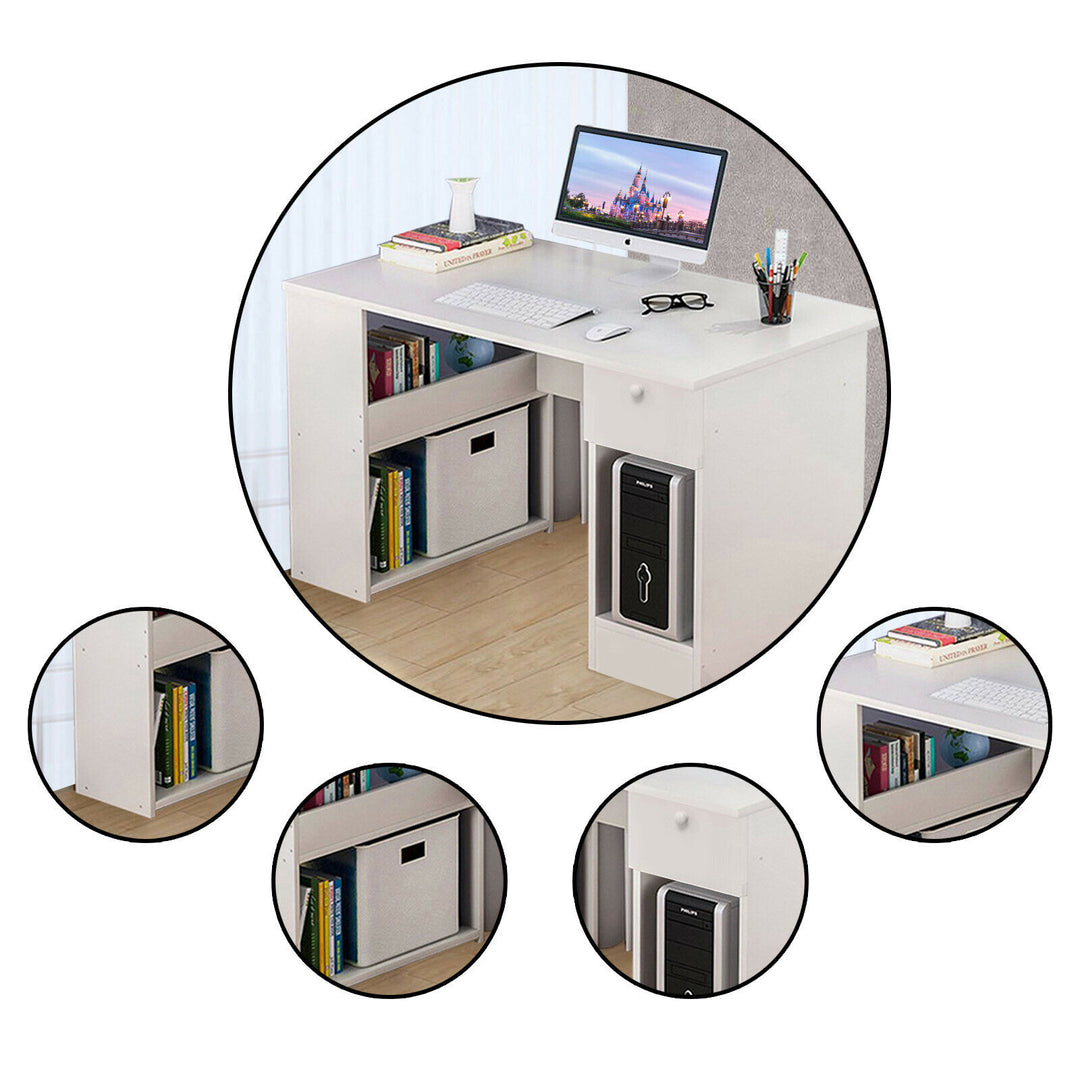 CORNER COMPUTER DESK H SHAPED PC LAPTOP GAMING TABLE W/ BOOK SHELVES BOOKCASE