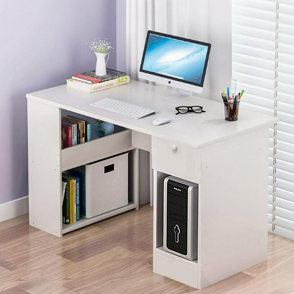 CORNER COMPUTER DESK H SHAPED PC LAPTOP GAMING TABLE W/ BOOK SHELVES BOOKCASE