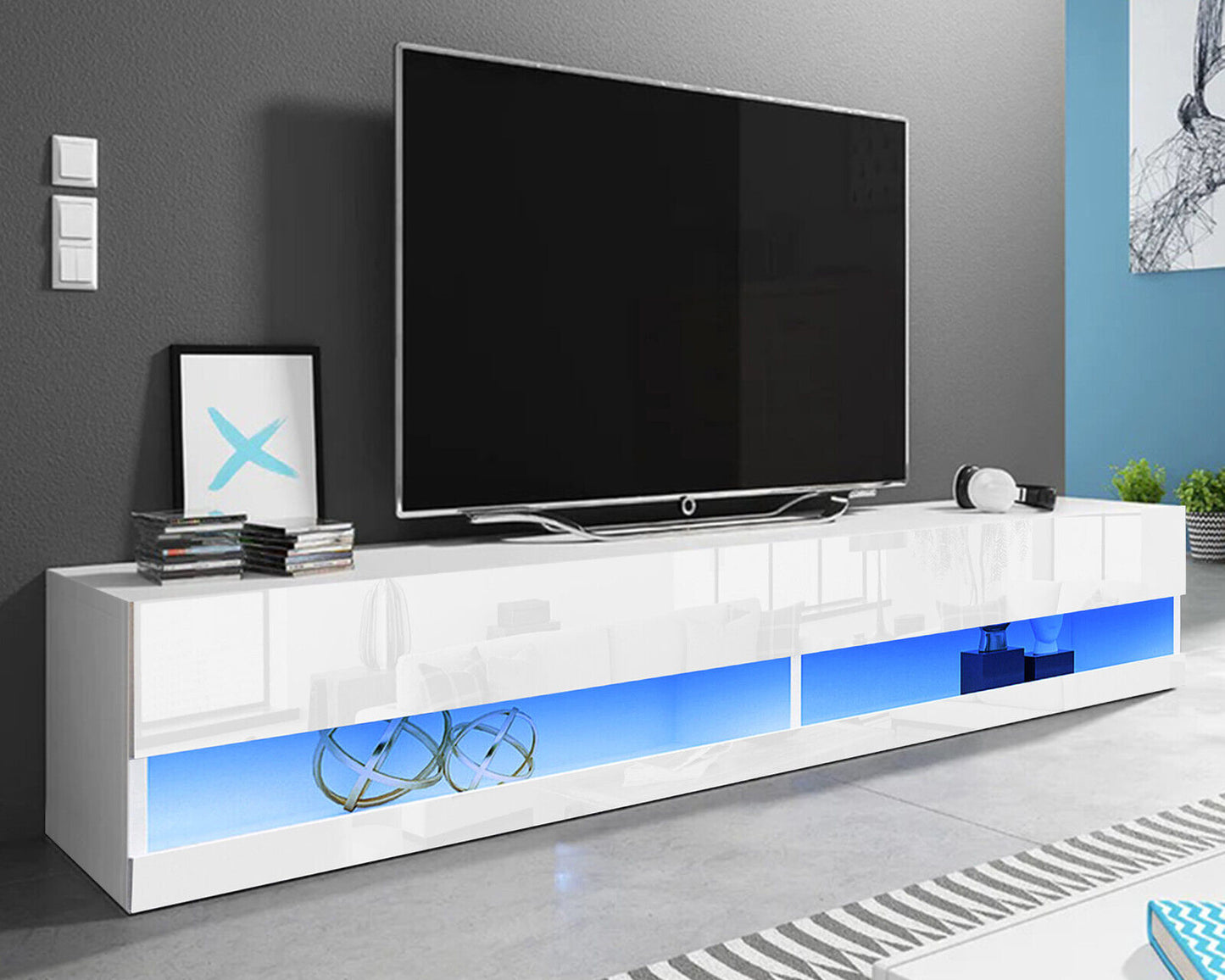 Modern TV Unit Cabinet White TV Stand High Gloss With RGB Led Lights 140cm