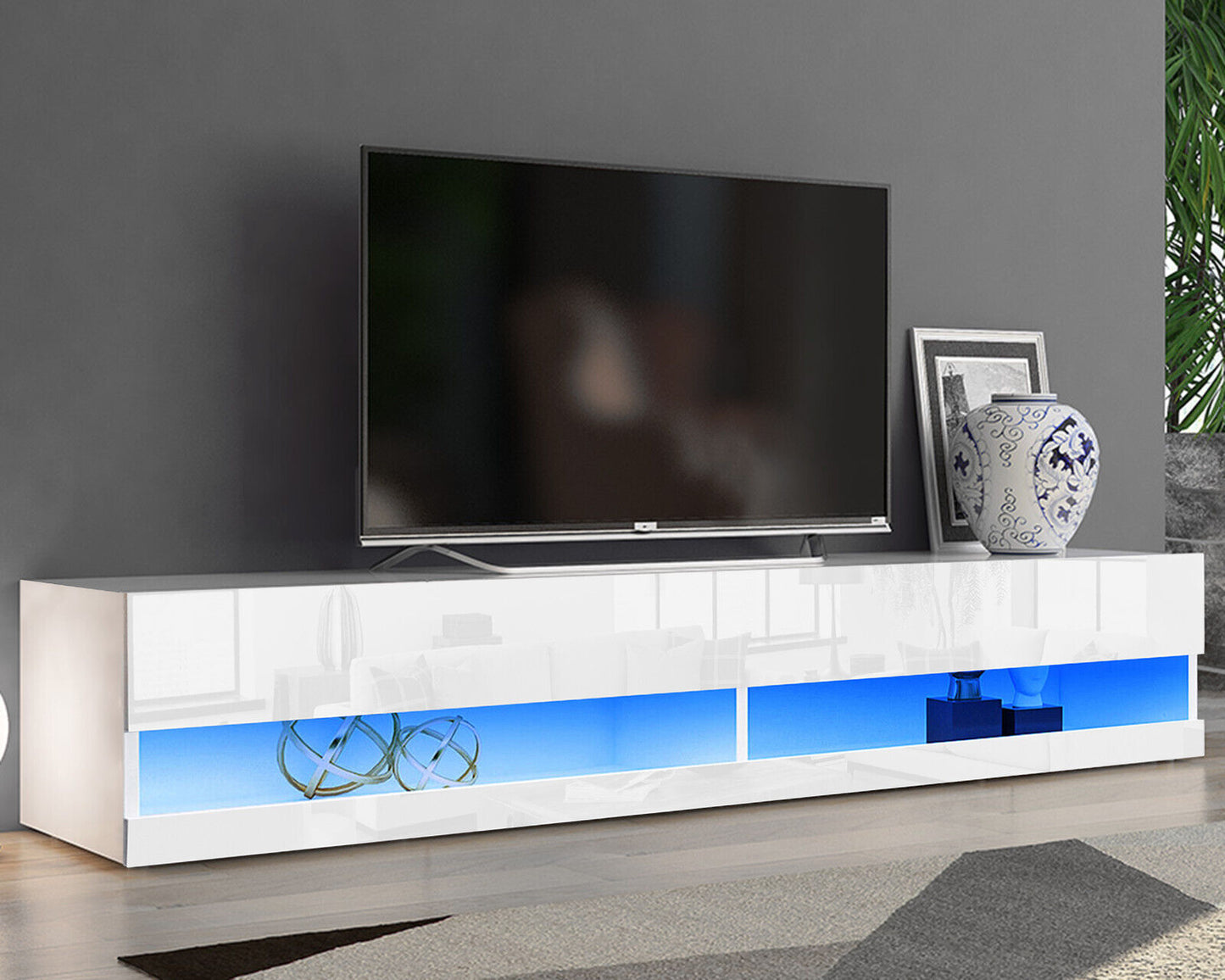 Modern TV Unit Cabinet White TV Stand High Gloss With RGB Led Lights 140cm